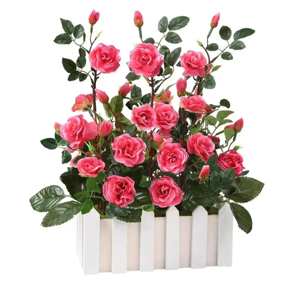 New Artificial Pink Rose Flower Arrangement in White Wooden Planter